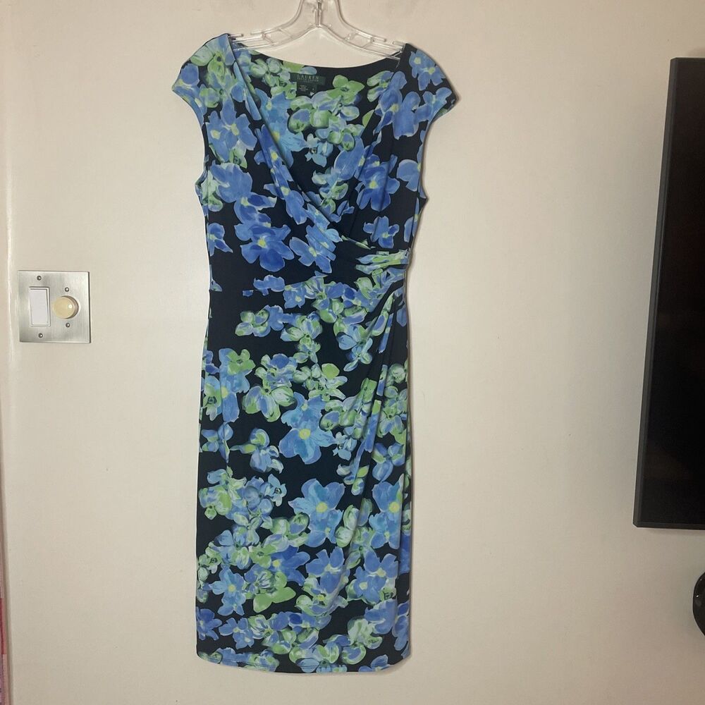 Lauren Ralph Lauren Women’s Floral Dress Faux Wrap Midi Stretch Jersey Size 8